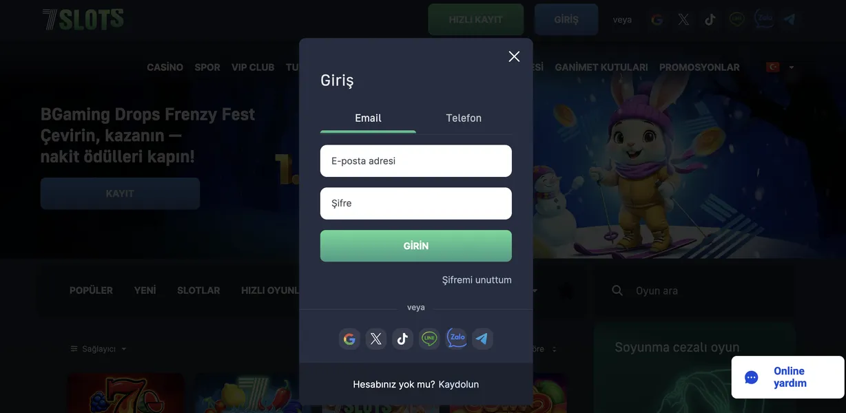 Slots 7 giriş ve üyelik kayıt süreci